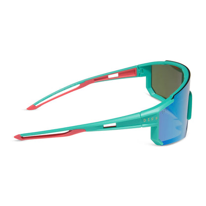diff sport featuring the heat shield sunglasses with a turquoise frame and turquoise ice mirror polarized lenses side view