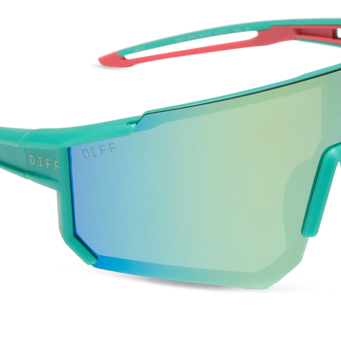 diff sport featuring the heat shield sunglasses with a turquoise frame and turquoise ice mirror polarized lenses detailed view