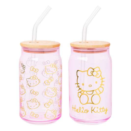 Hello Kitty Pink Glass Jar Tumblers with Bamboo Lid (Set of 2) Home Goods Silver Buffalo LLC