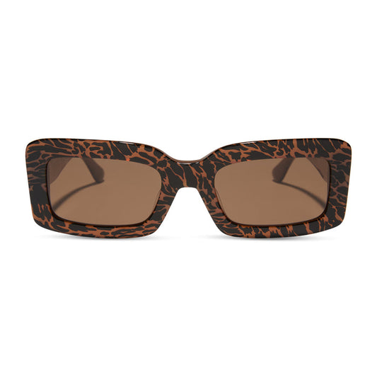 diff eyewear featuring the indy rectangle sunglasses with a animal print frame and brown lenses front view