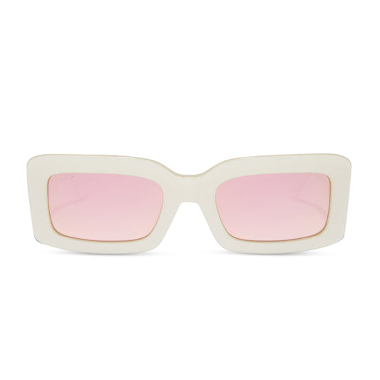 diff eyewear featuring the indy rectangle sunglasses with a opaline cream opalescent frame and taupe mirror lenses front view