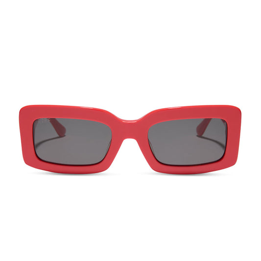diff eyewear featuring the indy rectangle prescription sunglasses with a sunset bright coral frame and grey lenses front view