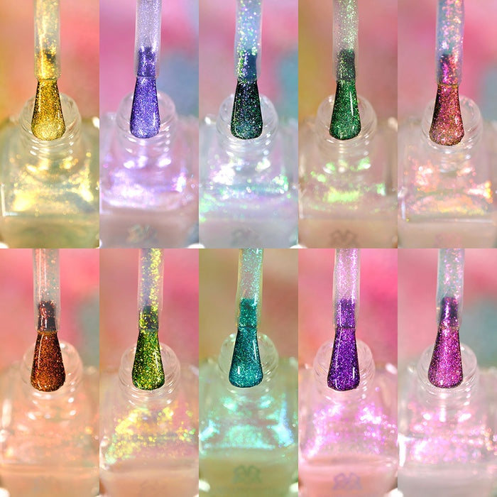 Collage of 10 Iridescent Topper Nail Lacquer bottles with brushes showing.