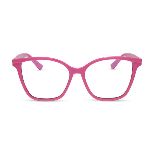 diff eyewear featuring the leah square blue light readers with a peony pink frame front view