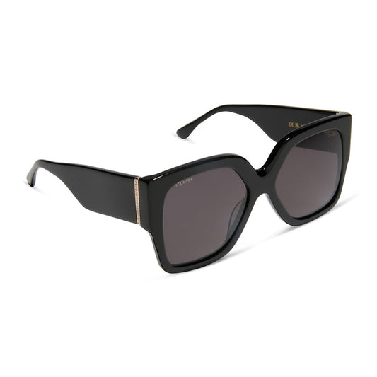 diff eyewear featuring the livia square sunglasses with a black frame and grey polarized lenses angled view