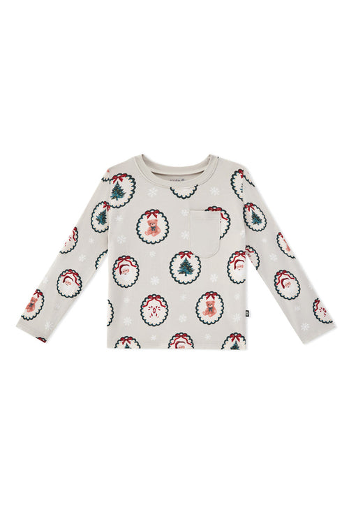 Long Sleeve Toddler Crew Neck Tee in Holiday Medallion print on a white background