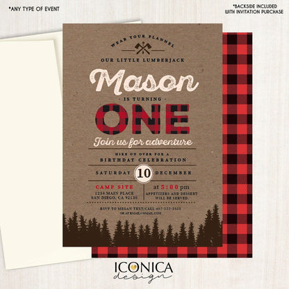 Lumberjack First Birthday Invitation – Buffalo Plaid, Wilderness Theme (Printed or Printable File)