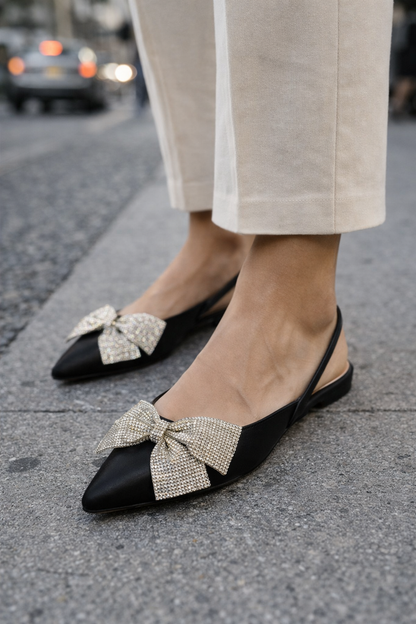 Luxury Satin Crystal Bow Slingback Flats – Pointed Toe Evening Shoes