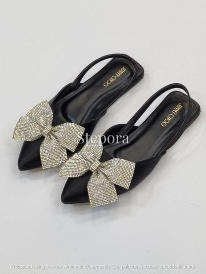 Luxury Satin Crystal Bow Slingback Flats – Pointed Toe Evening Shoes