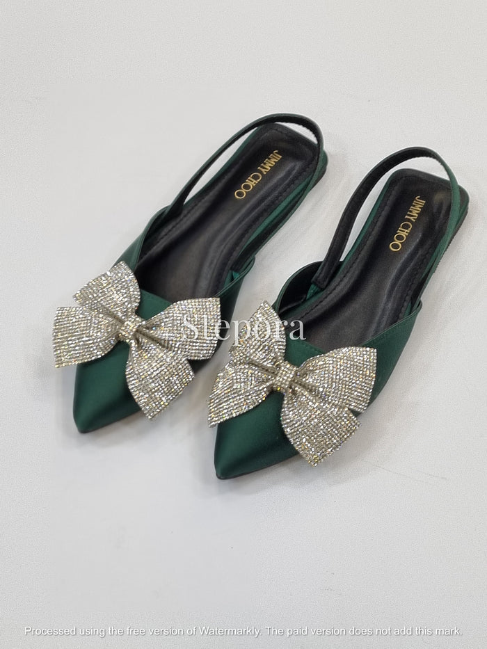Luxury Satin Crystal Bow Slingback Flats – Pointed Toe Evening Shoes