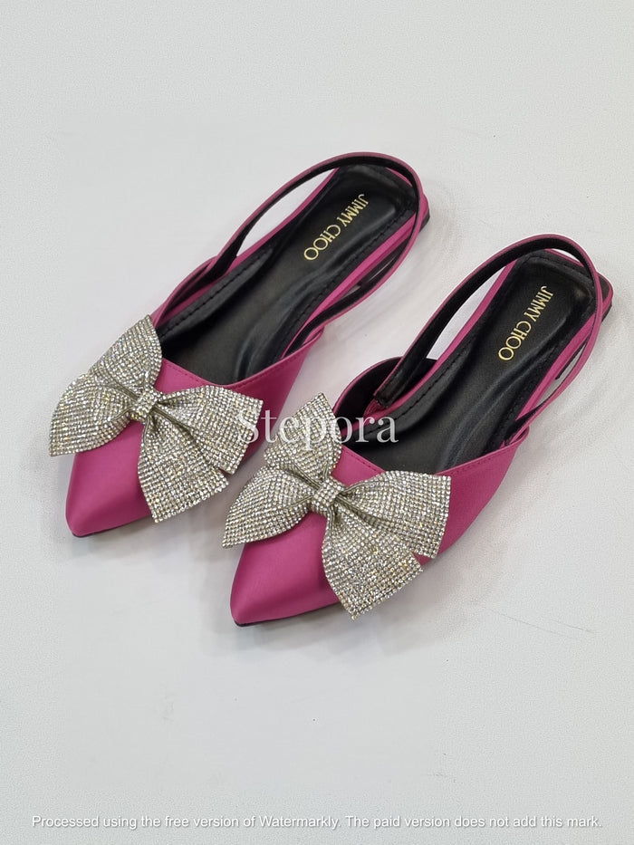 Luxury Satin Crystal Bow Slingback Flats – Pointed Toe Evening Shoes
