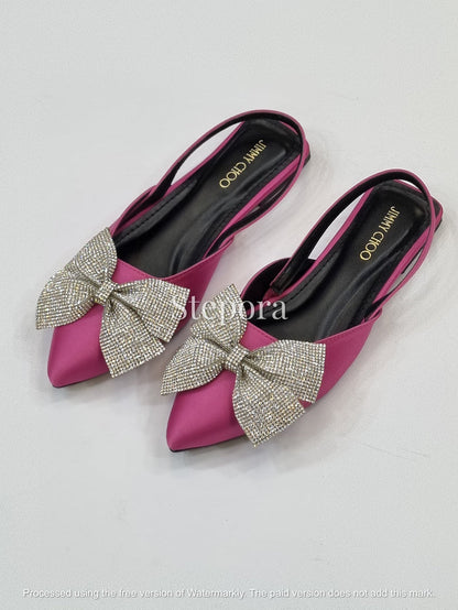 Luxury Satin Crystal Bow Slingback Flats – Pointed Toe Evening Shoes