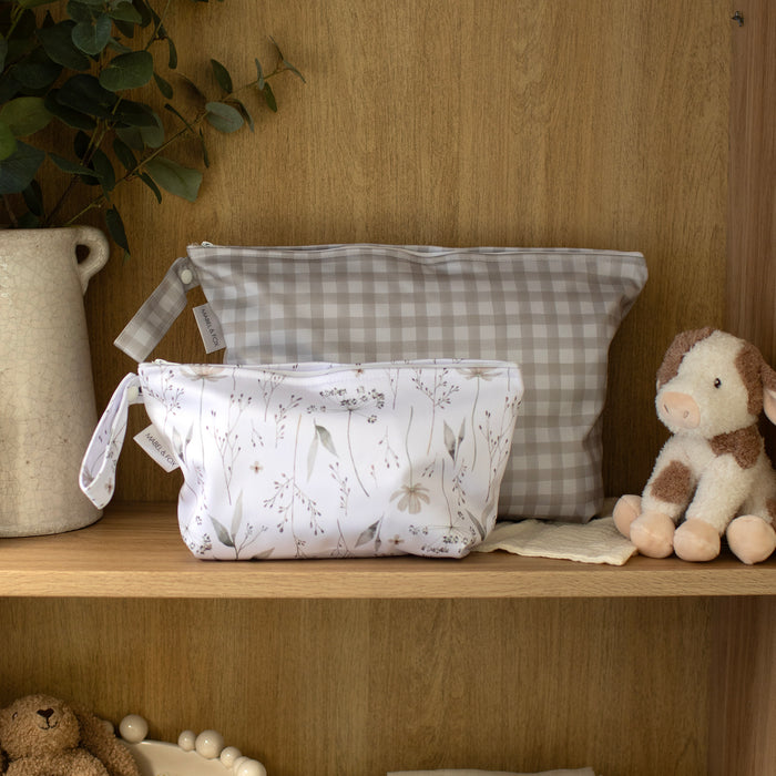 Mabel & Fox - 2 Pcs Wet Bag Set - Natural Wildflowers & Beige Gingham - Mabel & Fox