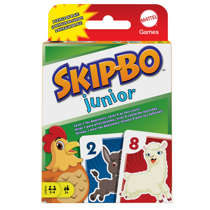 Mattel Games Skip-Bo Junior by Mattel is a kid-friendly sequencing card game with colorful animal illustrations, two play levels, and is designed for ages 5+ and 2-4 players.