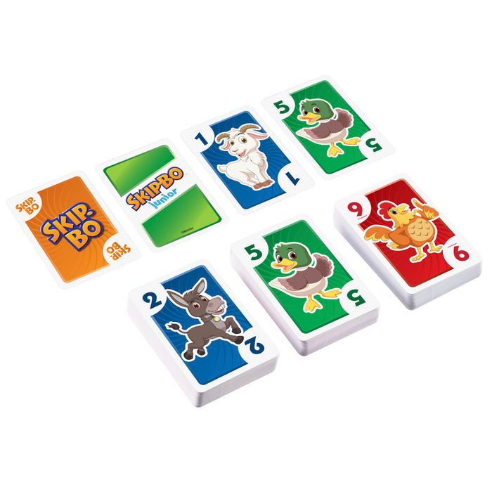 Stacks of Mattel Games Skip-Bo Junior cards from Mattel are arranged on a white surface. This kids’ game features colorful animal illustrations and numbered cards, making sequencing fun for young players.