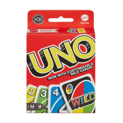 A red Mattel Games UNO box features the UNO logo, cards (including a Wild card), and highlights “Now with customizable Wild cards!” Age and player info appear on this classic, fast-paced family game from Mattel.