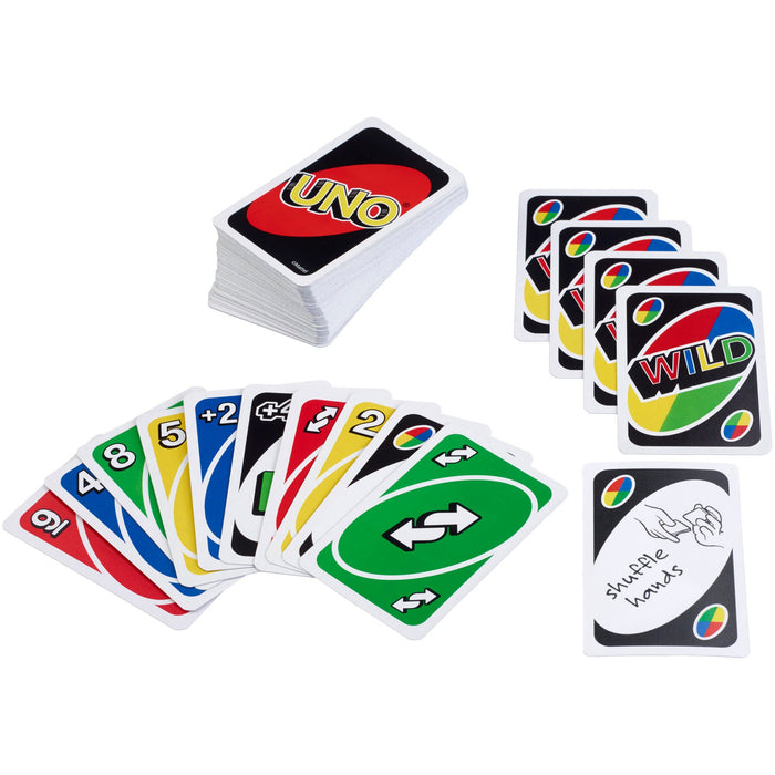 A selection of Mattel Games UNO cards by Mattel, featuring colorful number cards, action cards such as Skip and Reverse, Wild cards, the unique Swap Hands card, and a deck with the UNO logo—some stacked neatly in piles.