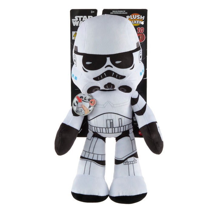 The Mattel Star Wars Plush Talkers Storm Trooper, featuring classic black and white armor details, stands before its packaging with a round chest tag—a collectible plush perfect for fans of the Star Wars series.