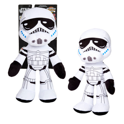 The Mattel Star Wars Plush Talkers Storm Trooper set features two plush dolls with black and white armor details and blue accents, standing before Star Wars-themed packaging—a must-have for Star Wars fans.