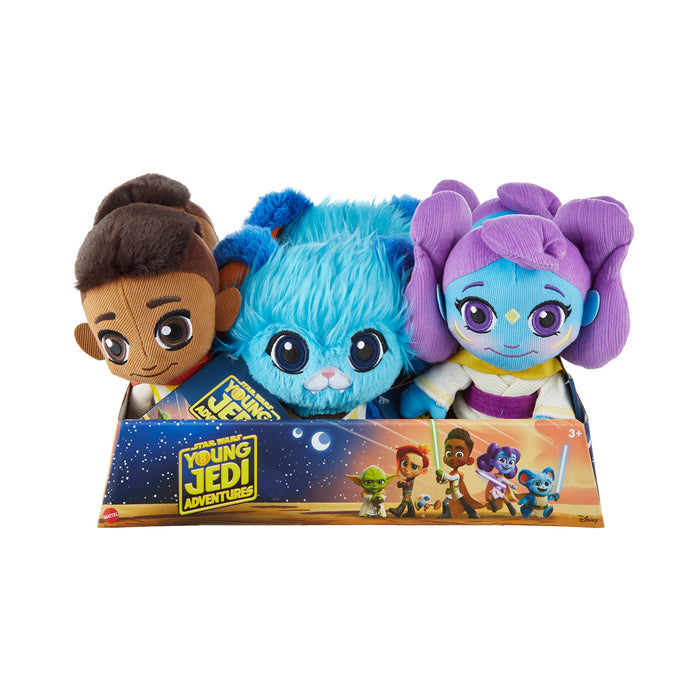 Three Mattel Star Wars Young Jedi 8in Plush toys are displayed in an open box featuring cartoon character images, a nighttime sky, and the show’s logo, inspired by the hit Disney+ series.