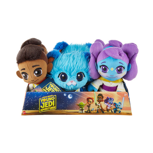 Three Mattel Star Wars Young Jedi 8in Plush toys are displayed in an open box featuring cartoon character images, a nighttime sky, and the show’s logo, inspired by the hit Disney+ series.
