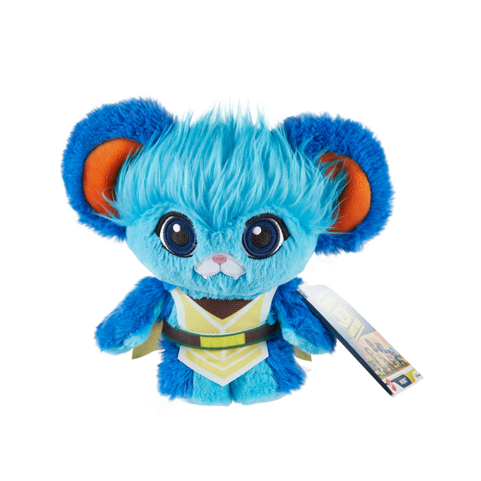 The Mattel Star Wars Young Jedi 8in Plush features bright blue fur, big round ears with orange insides, large eyes, a white snout, a yellow outfit with black belt, and a tag on one arm. Inspired by Star Wars Young Jedi Adventures on Disney+.