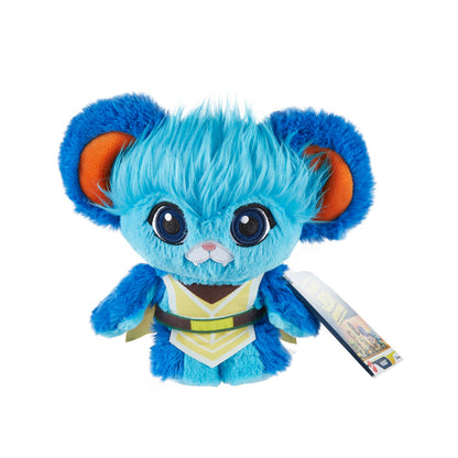 The Mattel Star Wars Young Jedi 8in Plush features bright blue fur, big round ears with orange insides, large eyes, a white snout, a yellow outfit with black belt, and a tag on one arm. Inspired by Star Wars Young Jedi Adventures on Disney+.