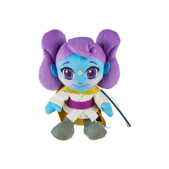 The Mattel Star Wars Young Jedi 8in Plush features blue skin, large purple eyes, big purple hair buns, a yellow and white outfit with gray shoes, and a cheerful look—perfect for Disney+ fans.