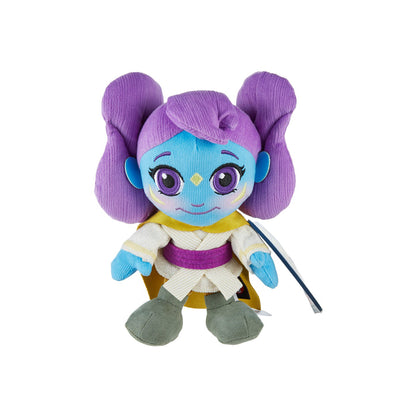 The Mattel Star Wars Young Jedi 8in Plush features blue skin, large purple eyes, big purple hair buns, a yellow and white outfit with gray shoes, and a cheerful look—perfect for Disney+ fans.