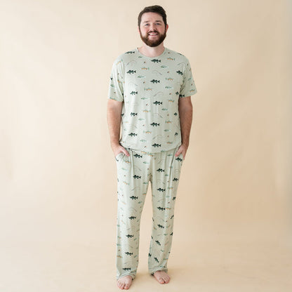 Man wearing Kyte Baby Men's Lounge Pants and Crew Neck Tee in Fishing