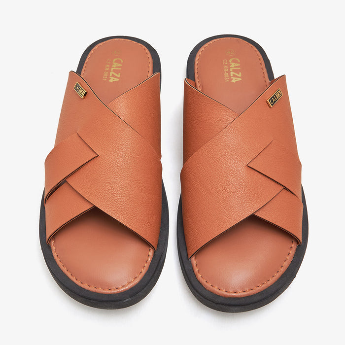 tan criss cross leather chappal by calza