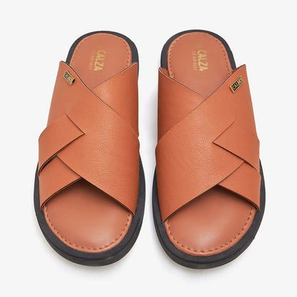 tan criss cross leather chappal by calza