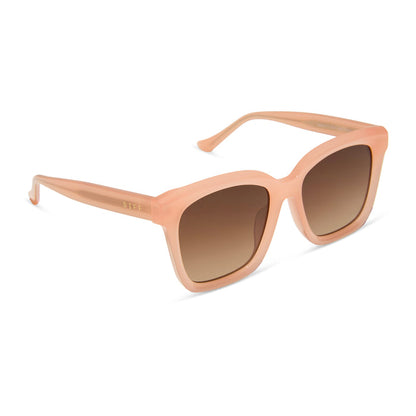 diff eyewear featuring the meredith square sunglasses with a peach frame and brown gradient polarized lenses angled view
