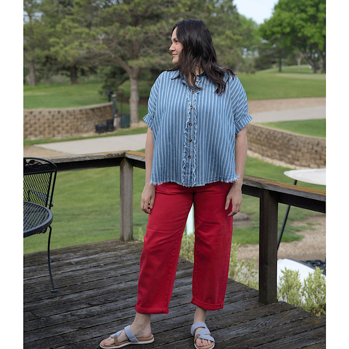 Mineral Washed Striped Button Down Top