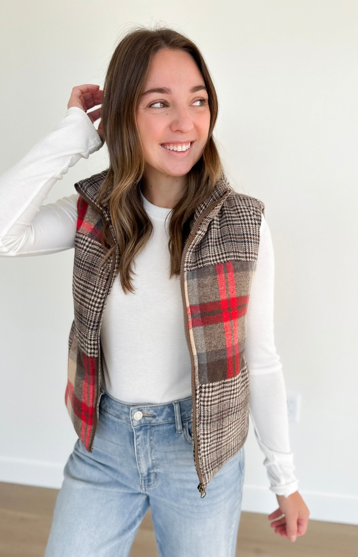 Mixed Plaid Puffer Vest