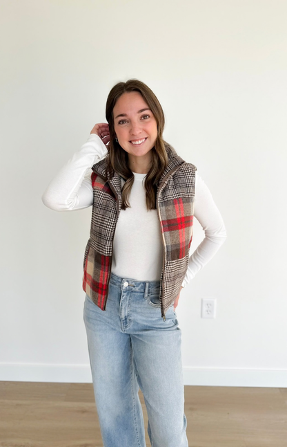 Mixed Plaid Puffer Vest