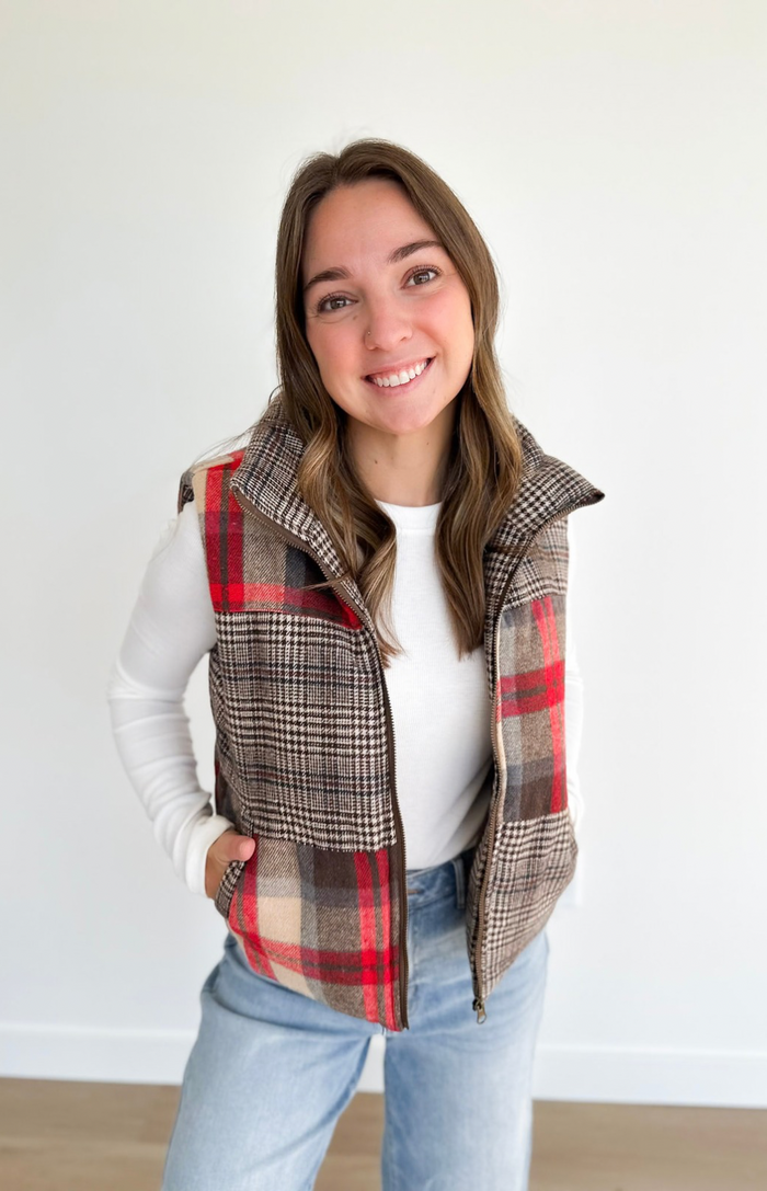 Mixed Plaid Puffer Vest