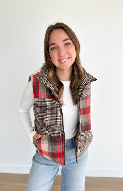 Mixed Plaid Puffer Vest