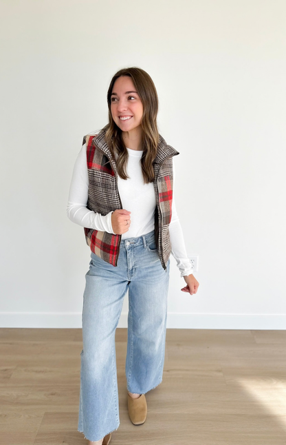 Mixed Plaid Puffer Vest