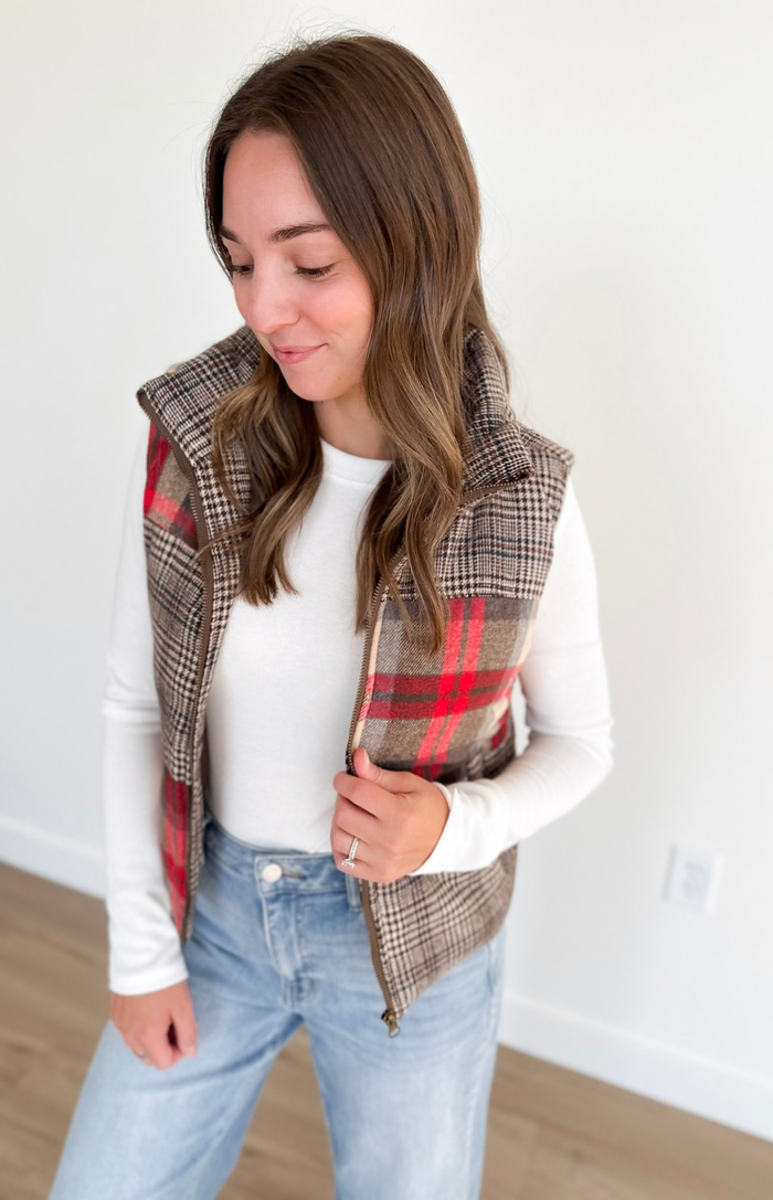 Mixed Plaid Puffer Vest