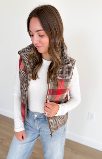 Mixed Plaid Puffer Vest