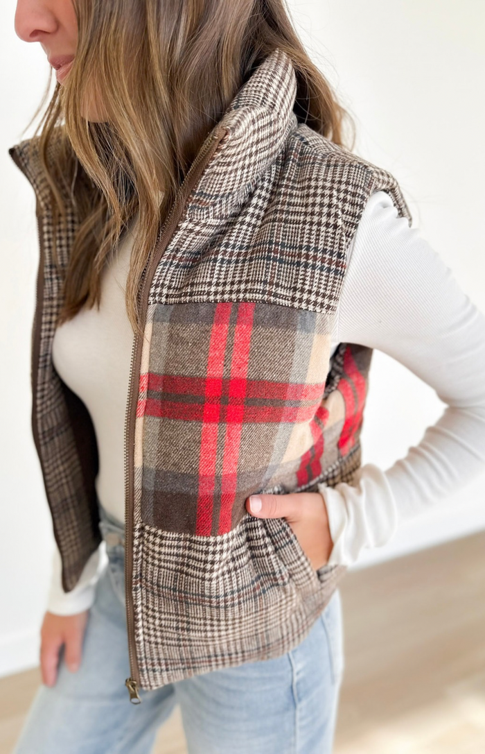 Mixed Plaid Puffer Vest