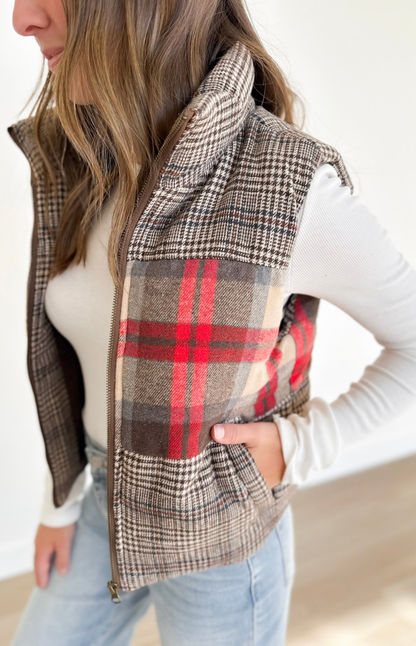 Mixed Plaid Puffer Vest