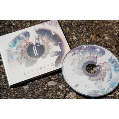 Faded white CD case with a human eye faded onto the background.  There is text at the bottom that reads Picturesque and Monstrous Things. Next to the cover is a cd all of which is laying on top of a road.