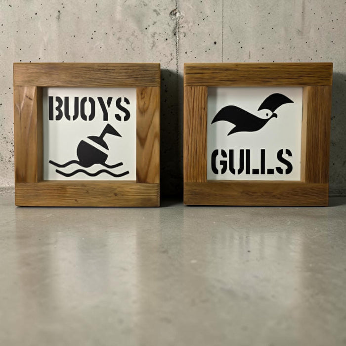 Nautical Metal “Buoys & Gulls” Bathroom Sign Set 6x6”