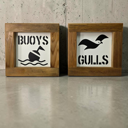 Nautical Metal “Buoys & Gulls” Bathroom Sign Set 6x6”