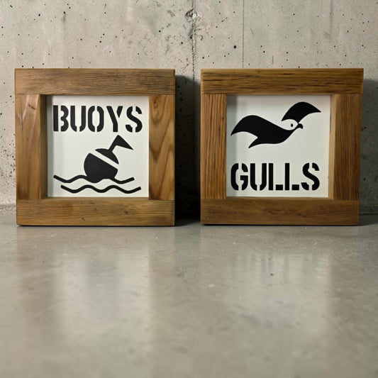 Nautical Metal “Buoys & Gulls” Bathroom Sign Set 6x6”