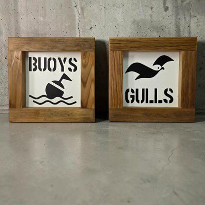 Nautical Metal “Buoys & Gulls” Bathroom Sign Set 6x6”