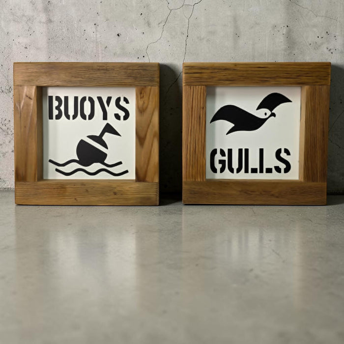 Nautical Metal “Buoys & Gulls” Bathroom Sign Set 6x6”
