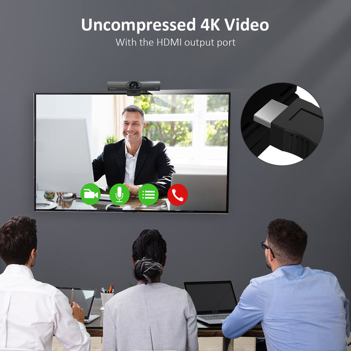 Webcam with HDMI and capture card, delivers uncompressed 4K video.